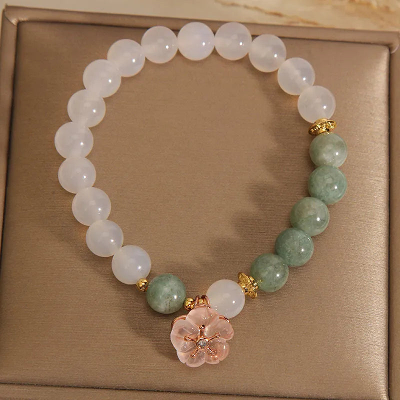 White agate and pink jade floral bracelet with adjustable beads for women