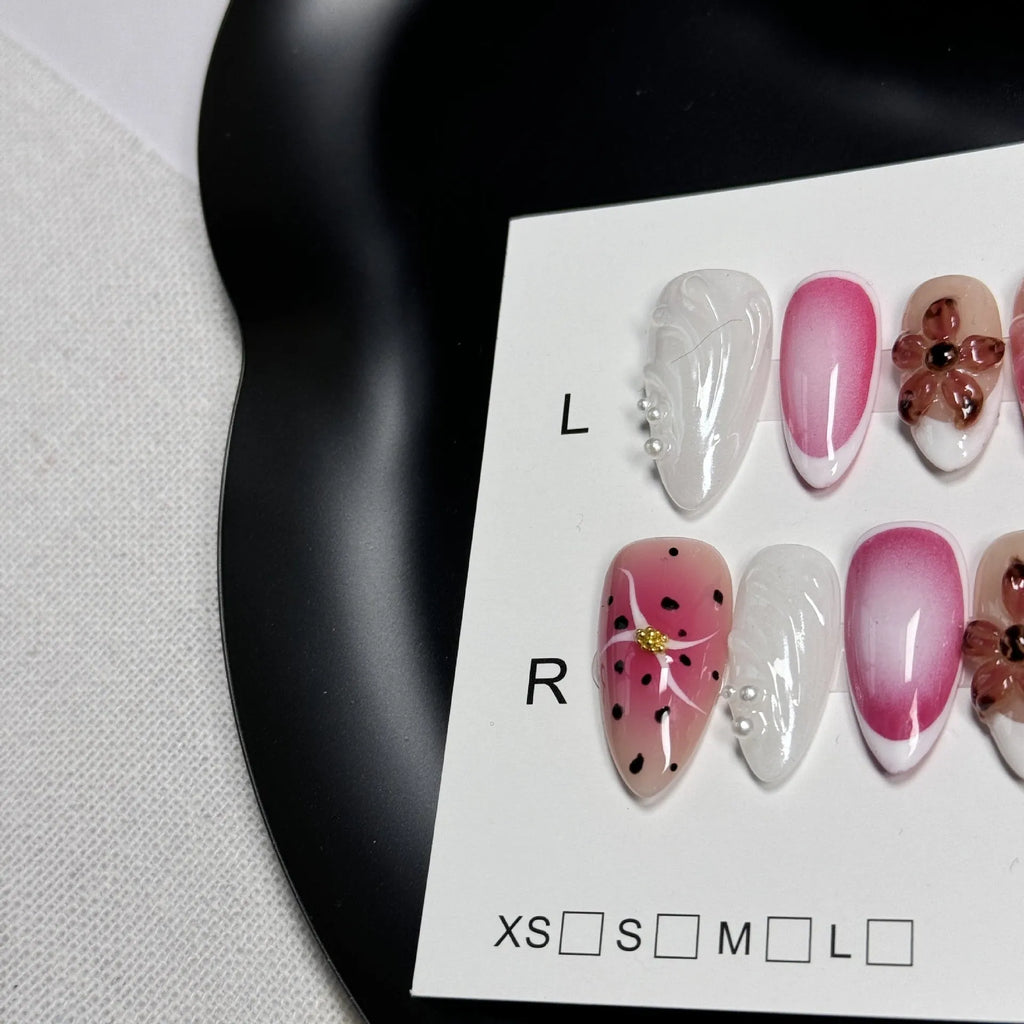 Hand-painted three-dimensional carved nail patches with embossed candy design in multiple colours