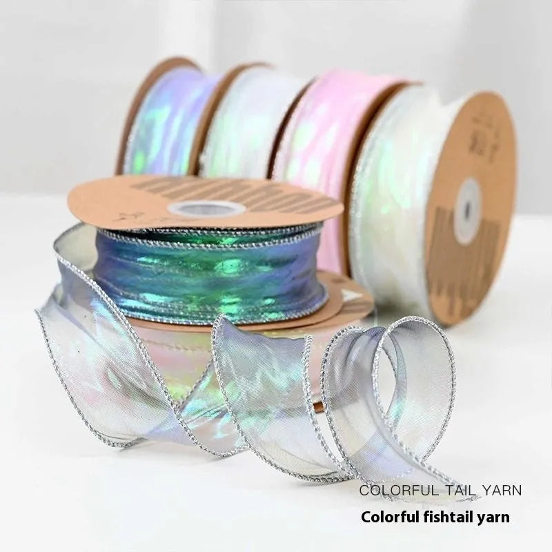 Roll of colourful fishtail yarn mesh ribbon with wave design, 4cm wide, for craft and floral use