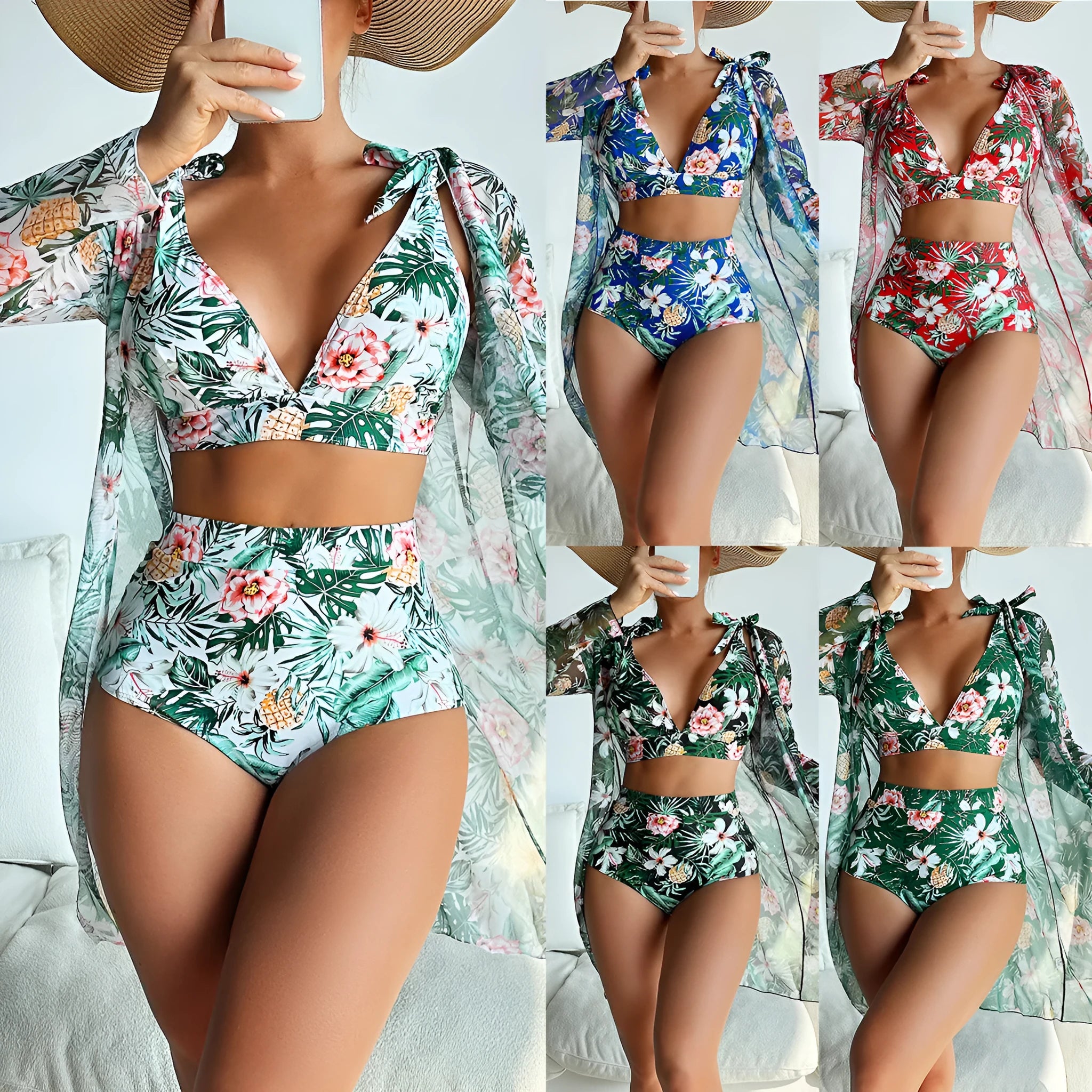Women's printed bikini three-piece swimsuit set showing bra, shorts, and sunscreen shirt
