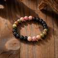 Vintage bohemian long beaded necklace and matching bracelet set with geometric round stones.