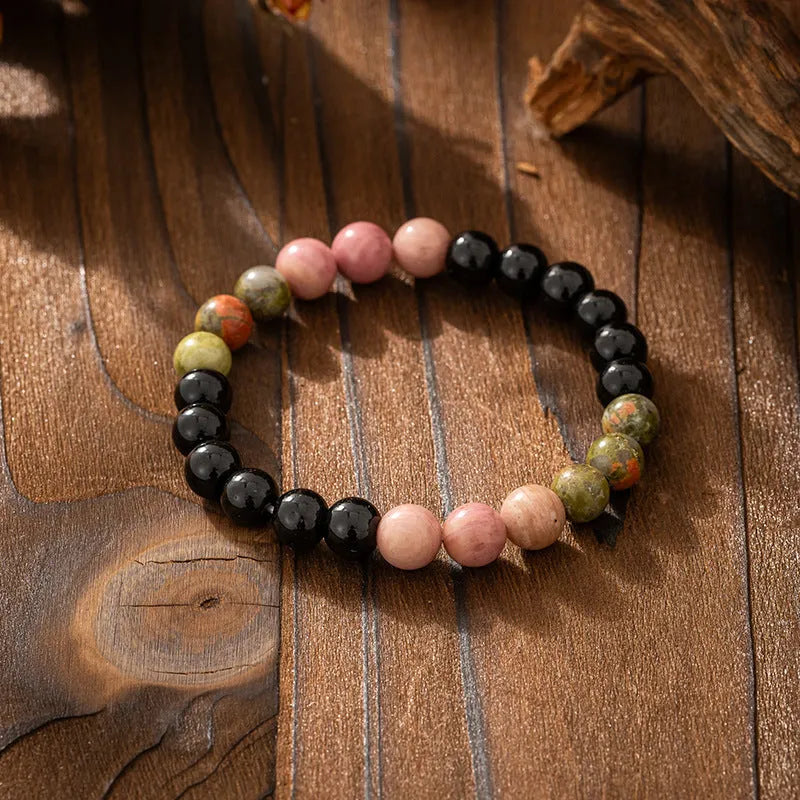Vintage bohemian long beaded necklace and matching bracelet set with geometric round stones.