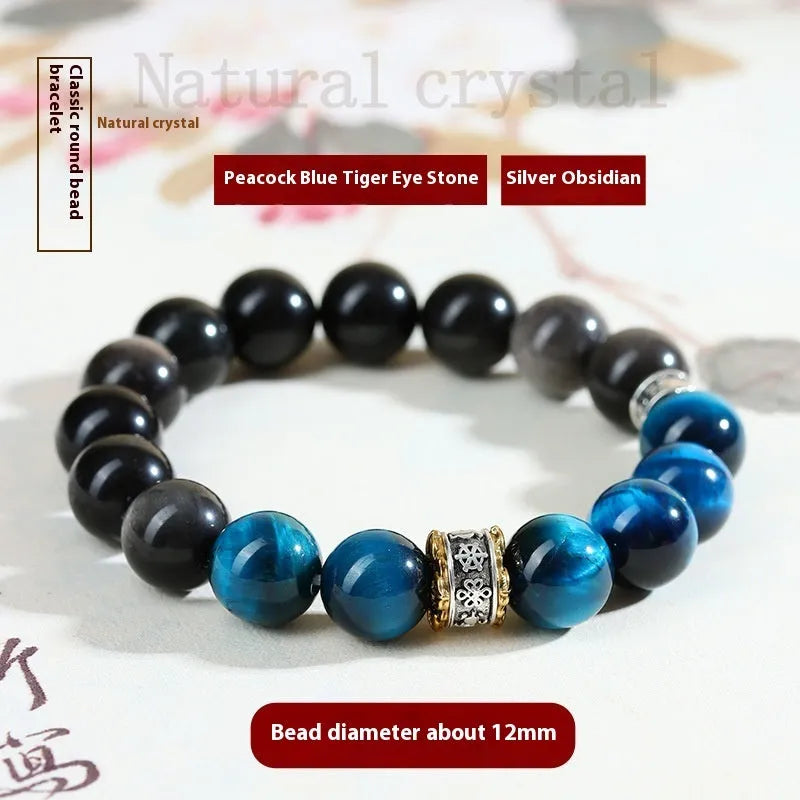 Handmade peacock blue Tigereye stone bracelet with geometric silver beads in ethnic style