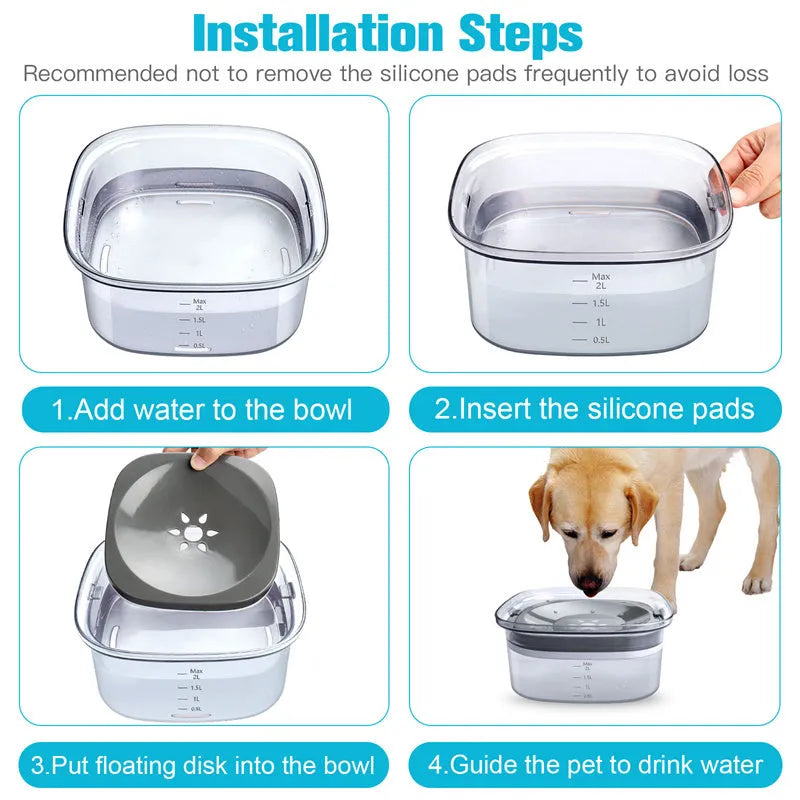 Transparent 2-litre dog water bowl with floating slow-feed disk and non-slip frosted base