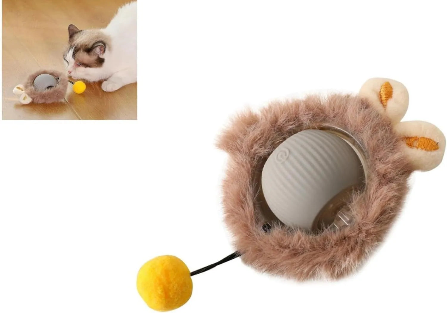 Automatic rolling ball pet toy with string in grey, green, or red colours