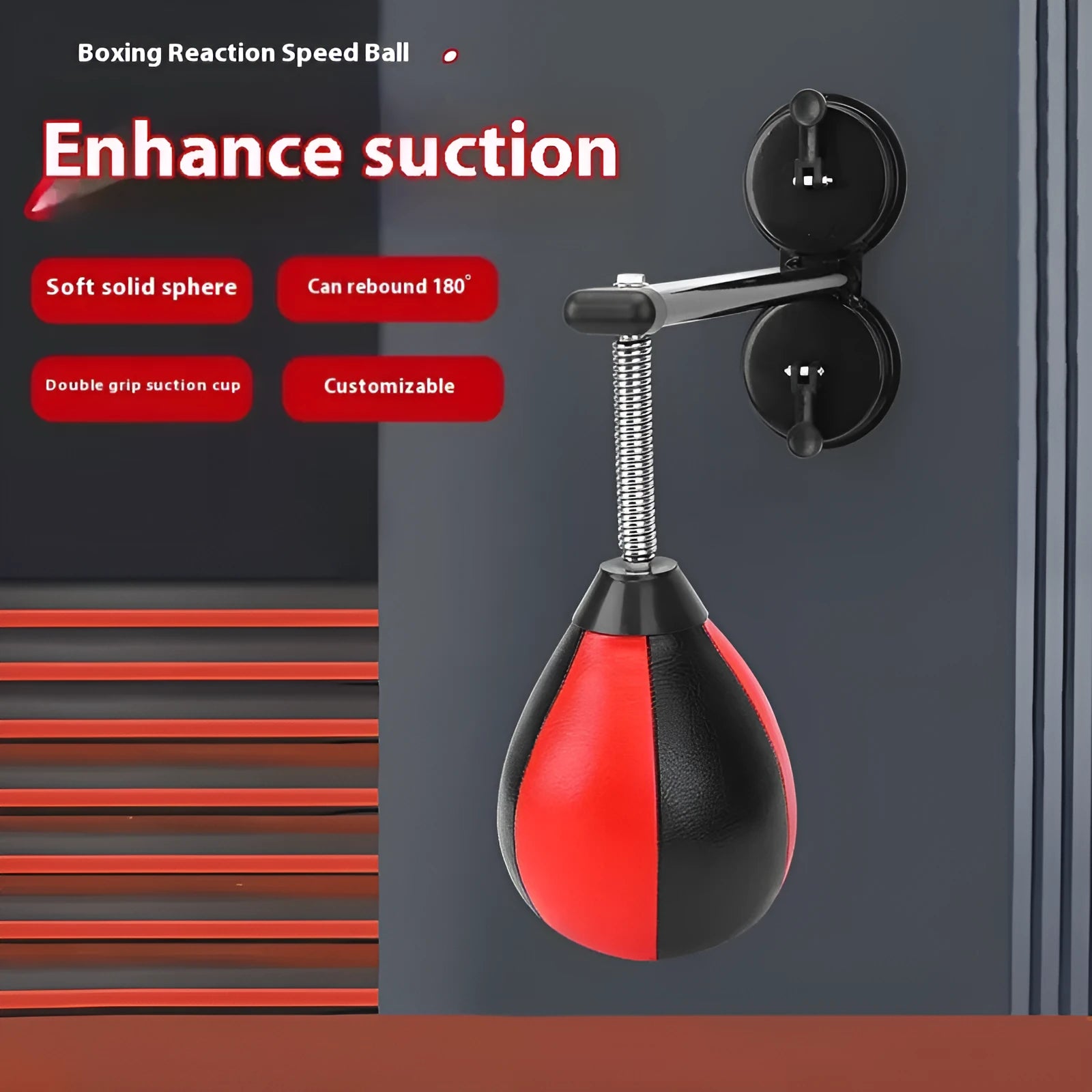 Pear-shaped hanging boxing speed ball with suction cup mount in red and black colour option