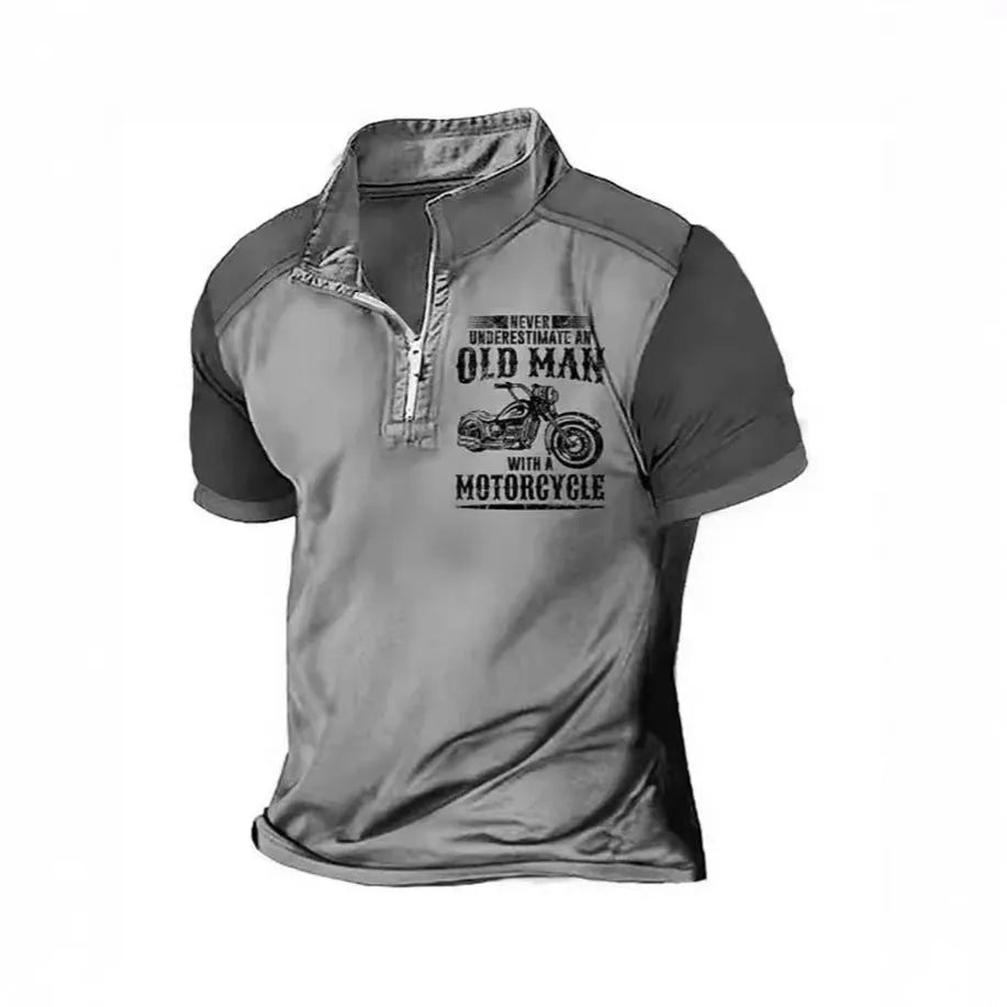 Men's casual polo shirt with digital letter printing, lapel collar, short sleeves, and decorative zippers