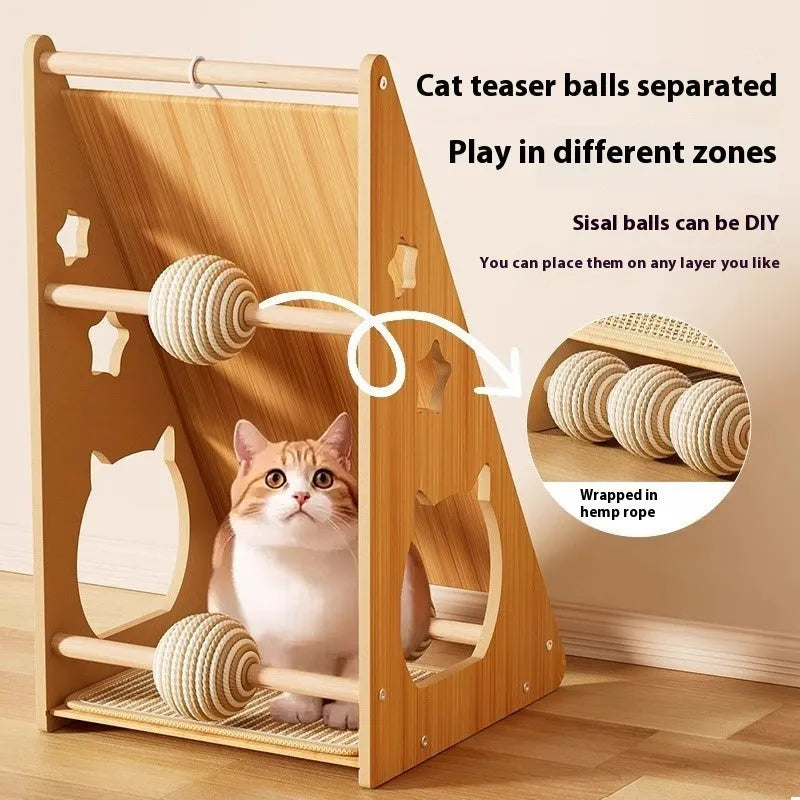 Vertical wall-mounted cat scratch board with sisal surface and a dangling jute rope tease ball.