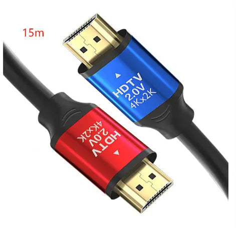 HDMI cable with aluminium alloy gold-plated connectors showing length options from 1.5m to 20m