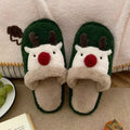 Women's brown Christmas deer plush slippers with a non-slip PVC sole.