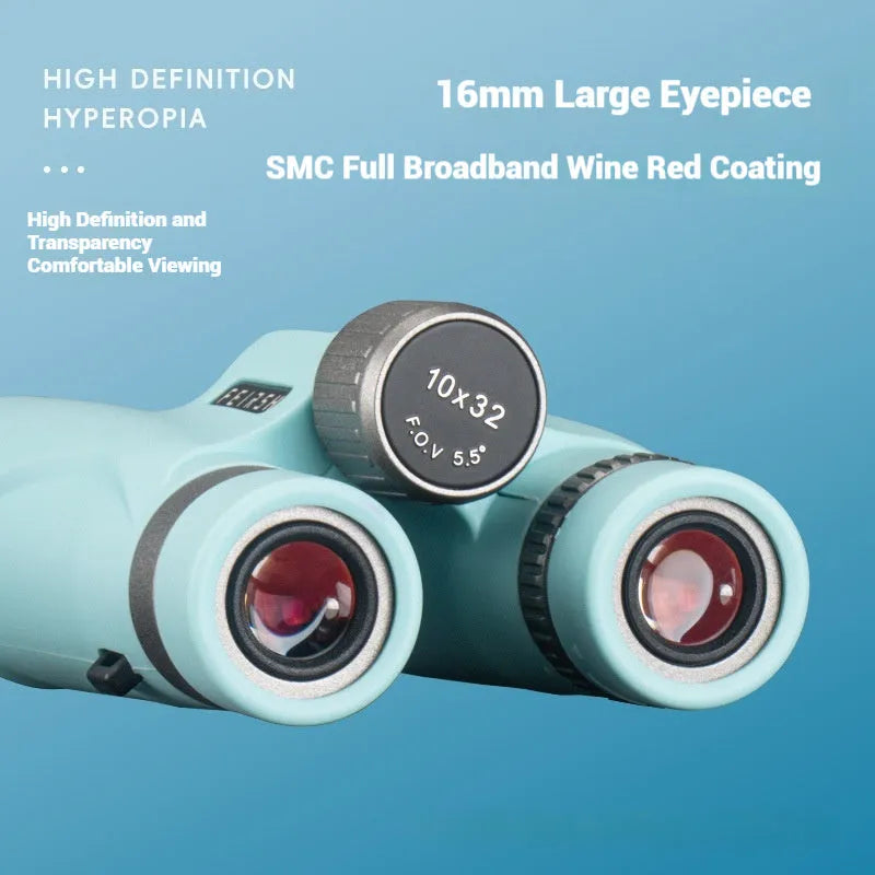 10x32 binoculars with wine red film imaging bright optical system in blue or grey colour.