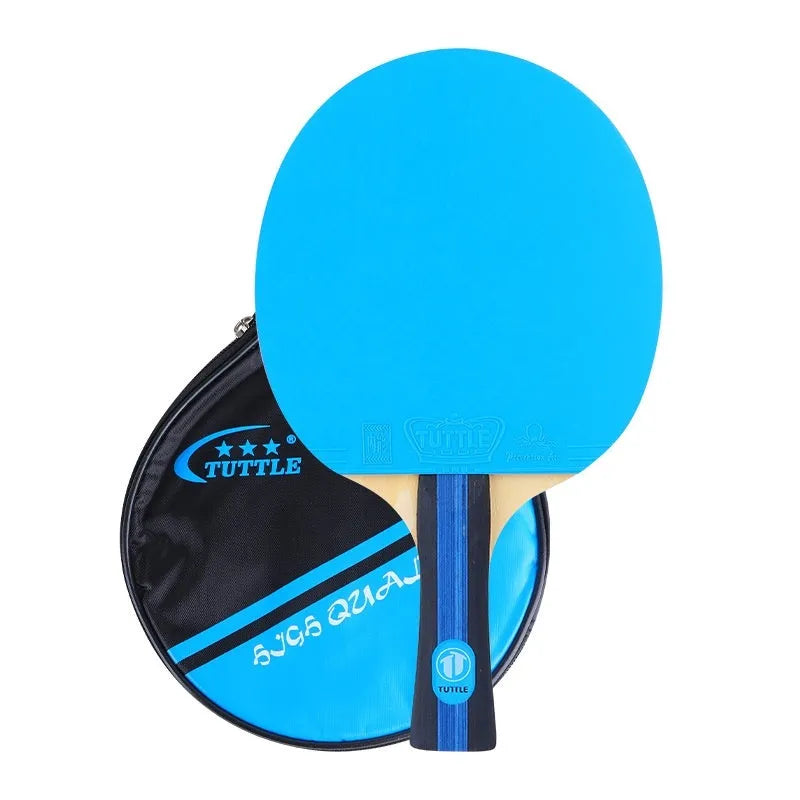 A pink pure wood table tennis racket with a long shakehand grip handle next to its matching protective cover.