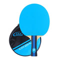 A pink pure wood table tennis racket with a long shakehand grip handle next to its matching protective cover.