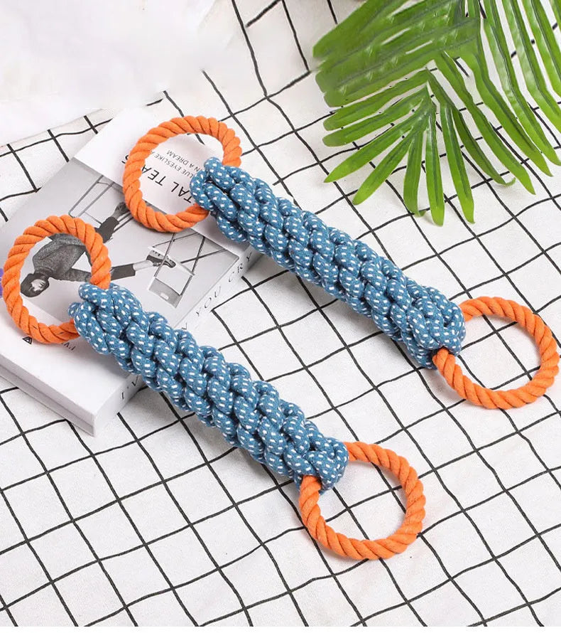 Blue braided cotton bone rope dog toy with double rings for interactive play