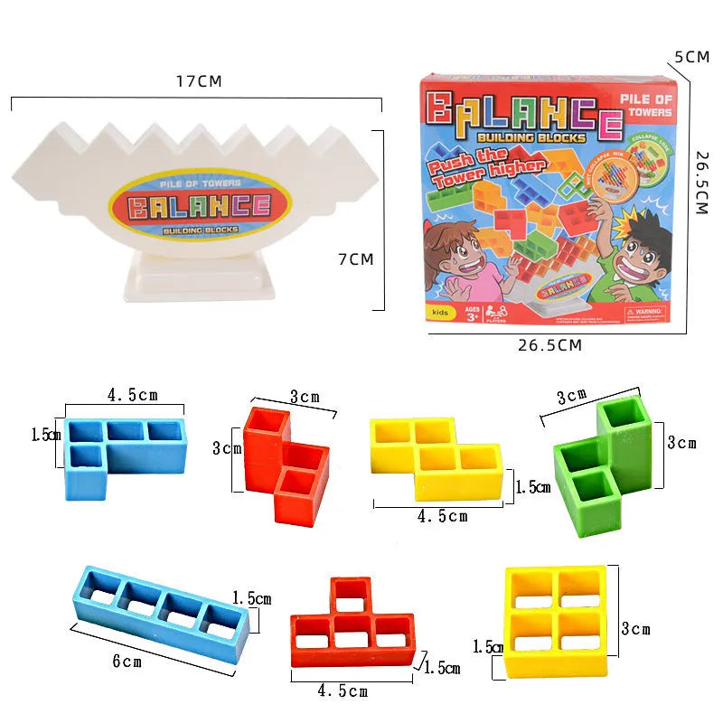 Plastic balance stacking board game with 16 colourful blocks, chassis, and base on a table.