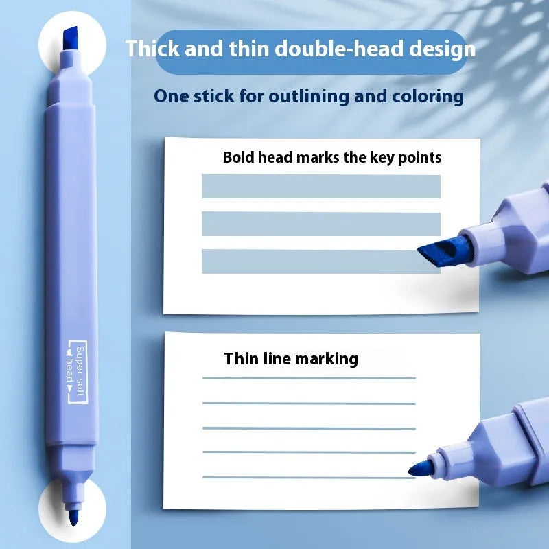 Set of double-ended fluorescent highlighter pens with chisel and fine tips, showing mixed bright colours.