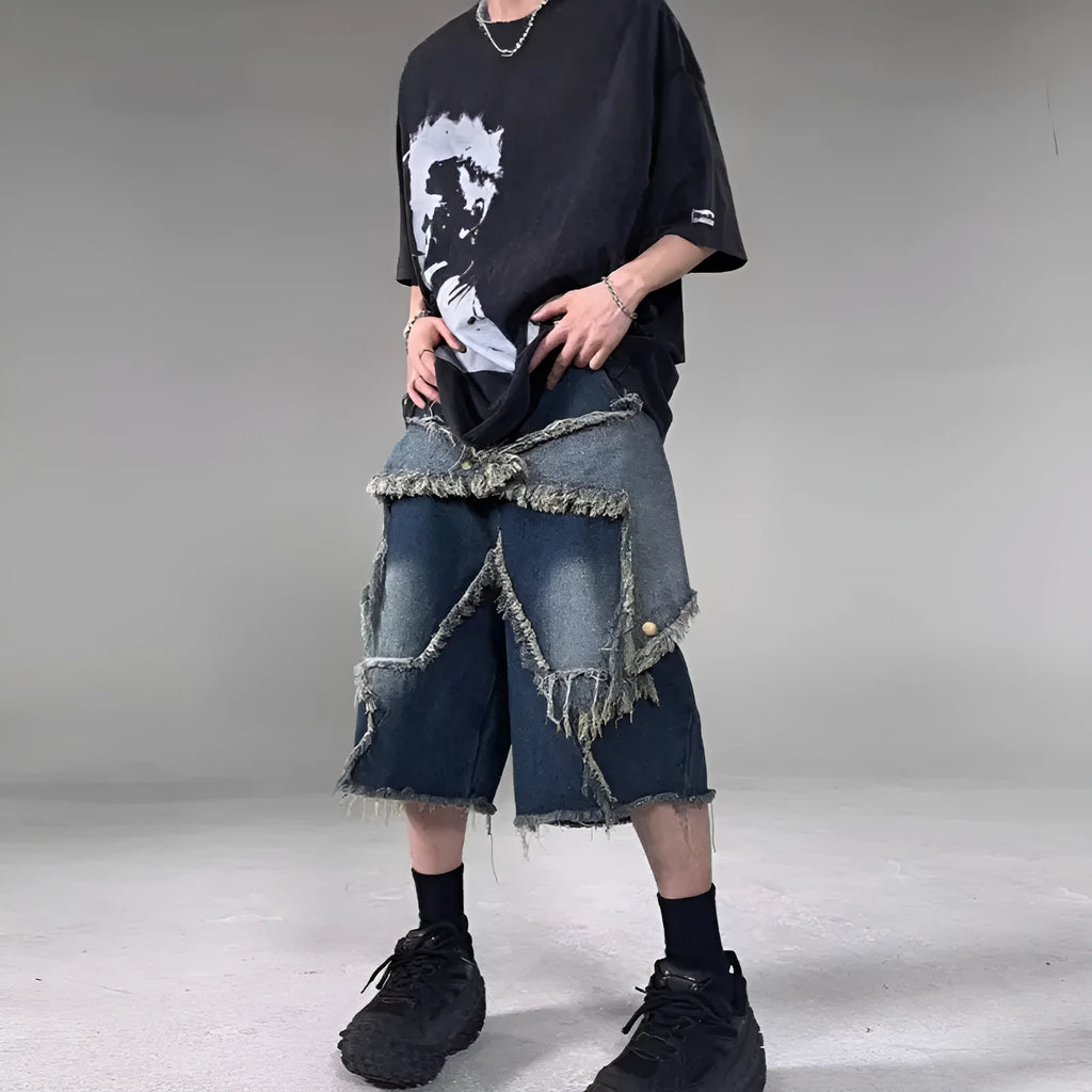 Blue retro denim shorts with frayed five-pointed star decoration and loose fit