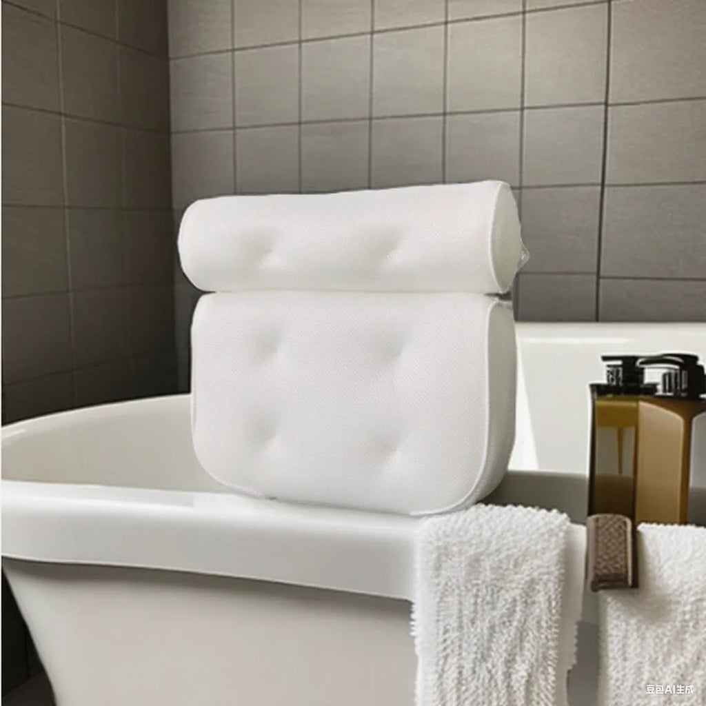 White bathtub pillow with mesh design and suction cups on underside