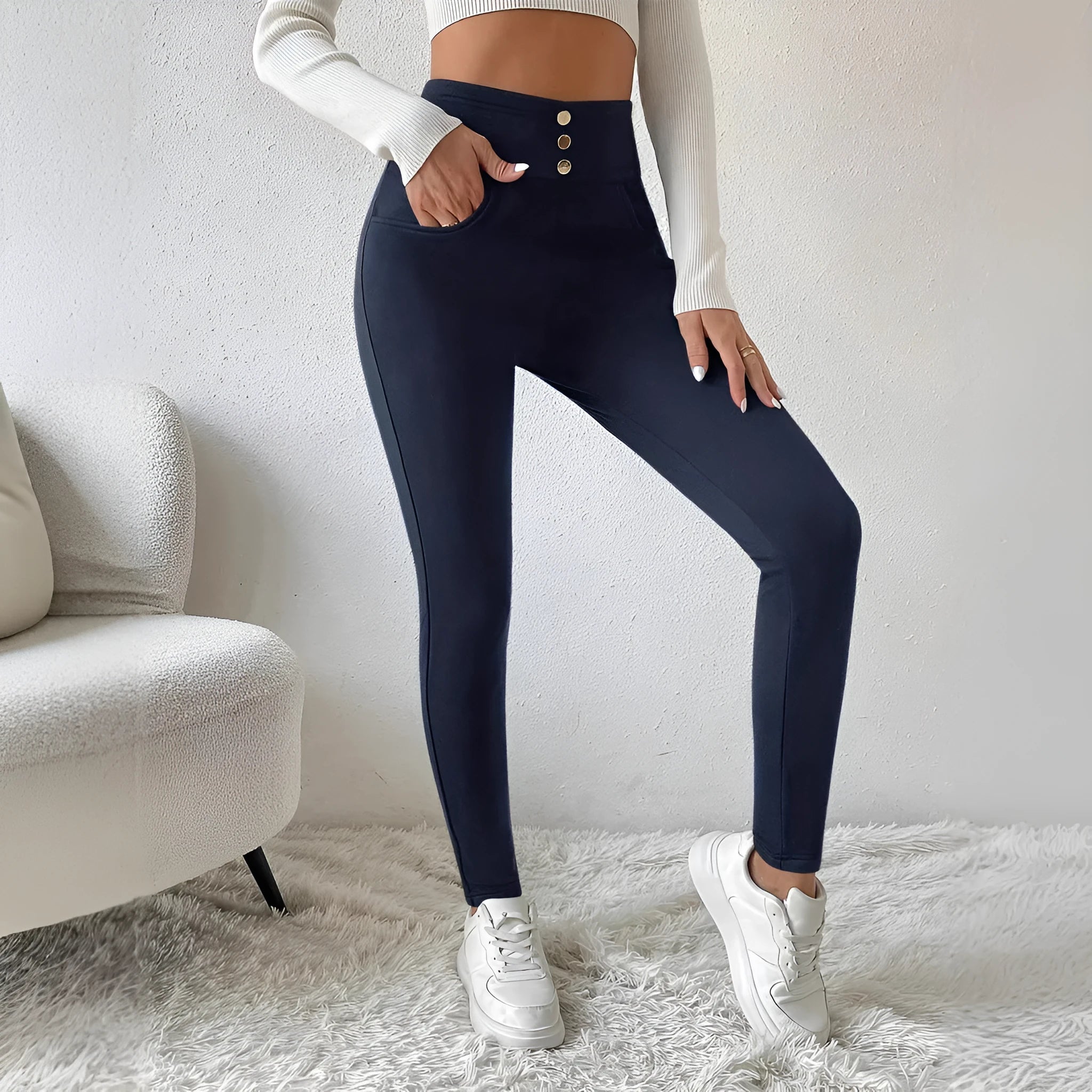 Women's navy blue high-waist straight leg casual trousers on hanger
