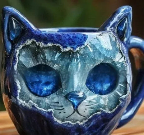 Pastel coloured resin geode mug with an embedded crystal-style cat figurine.