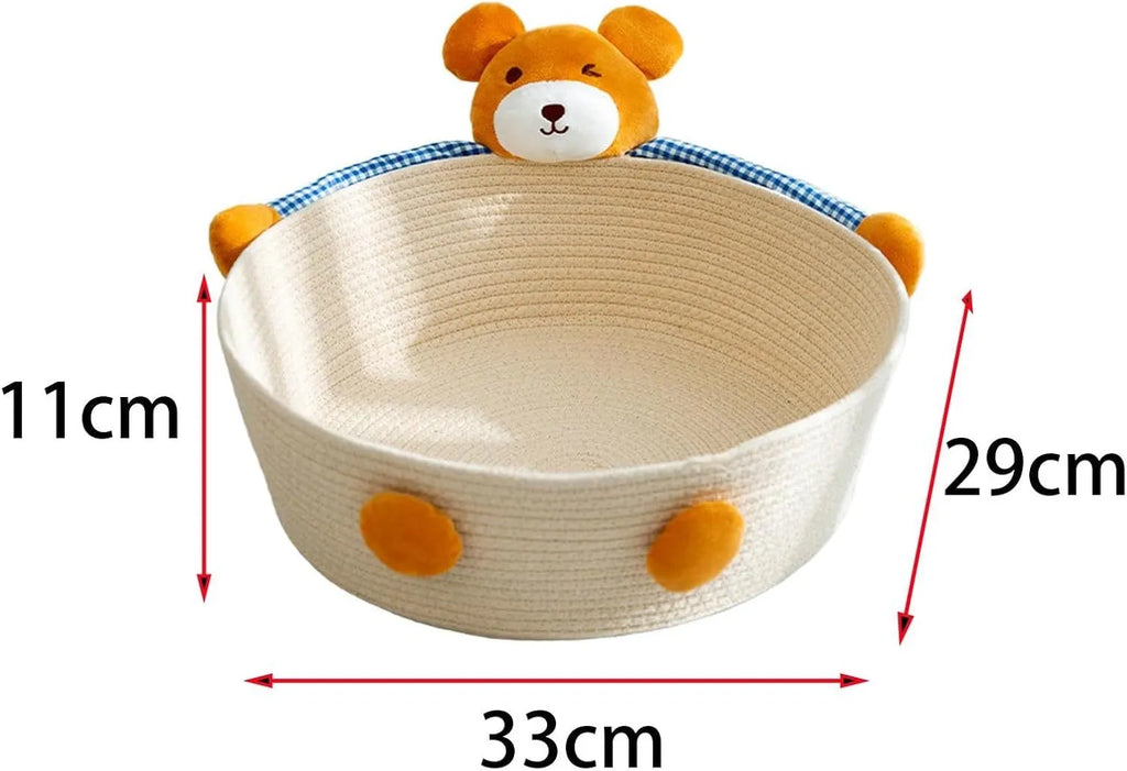 Woven cotton rope cat bed basket with integrated scratching board in bear design