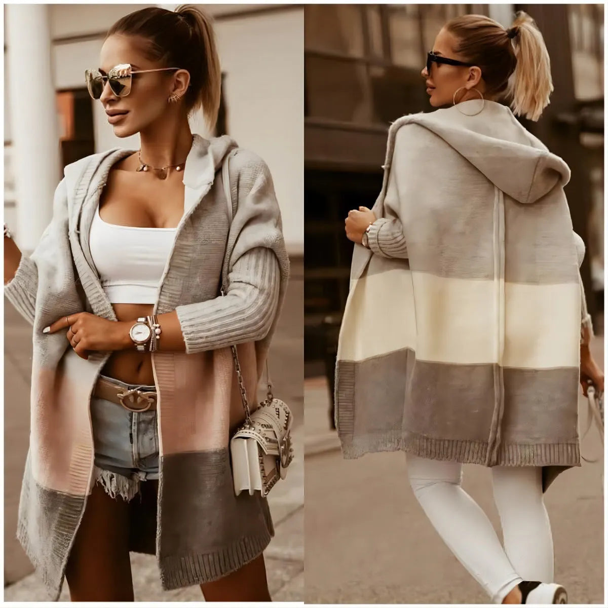 Women's colour matching hooded knit cardigan coat in pink, thick acrylic cashmere blend, long sleeve, loose fit