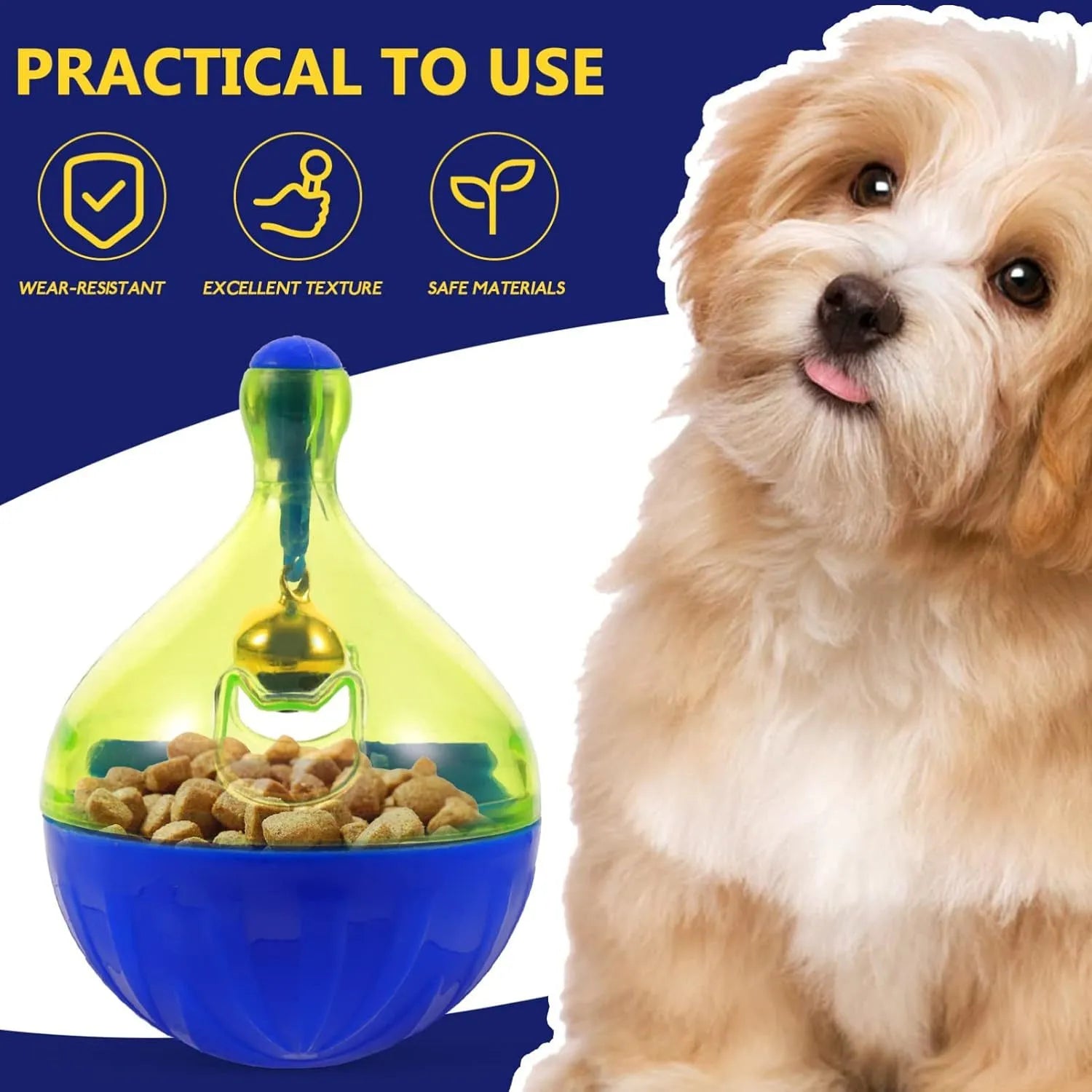 Tumbler-shaped pet treat dispenser toy for dogs and cats with leaky food openings