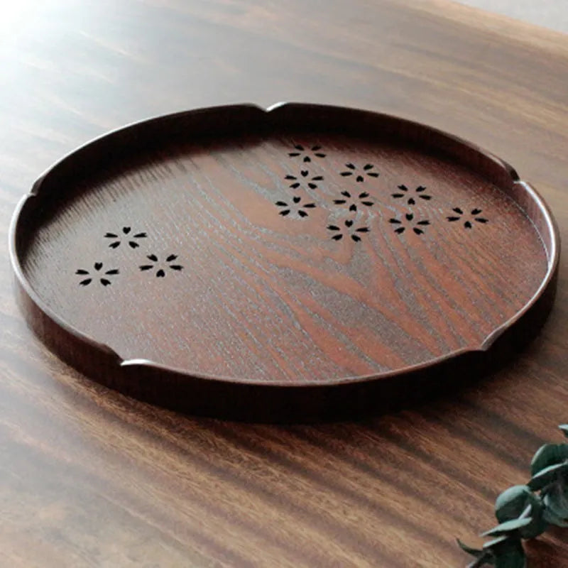 30cm round wooden plate with hollow cherry blossom design and 2cm shallow depth