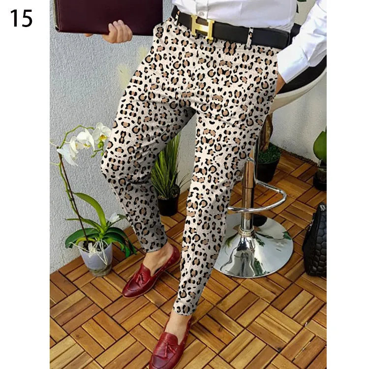Men's slim-fit plaid casual trousers with 3D printed pattern for autumn winter wear