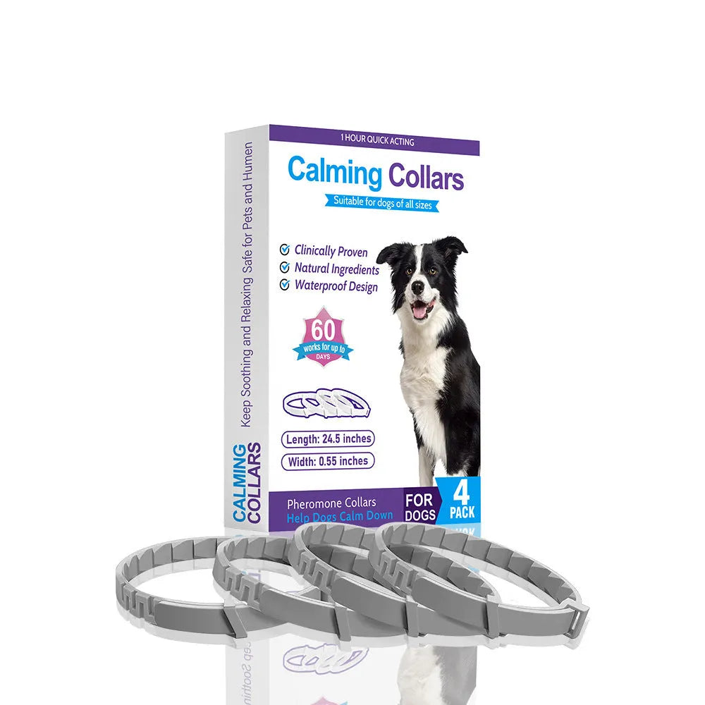 Set of four Chinese-style monochrome dog anxiety collars in assorted colours on a TPR strap.