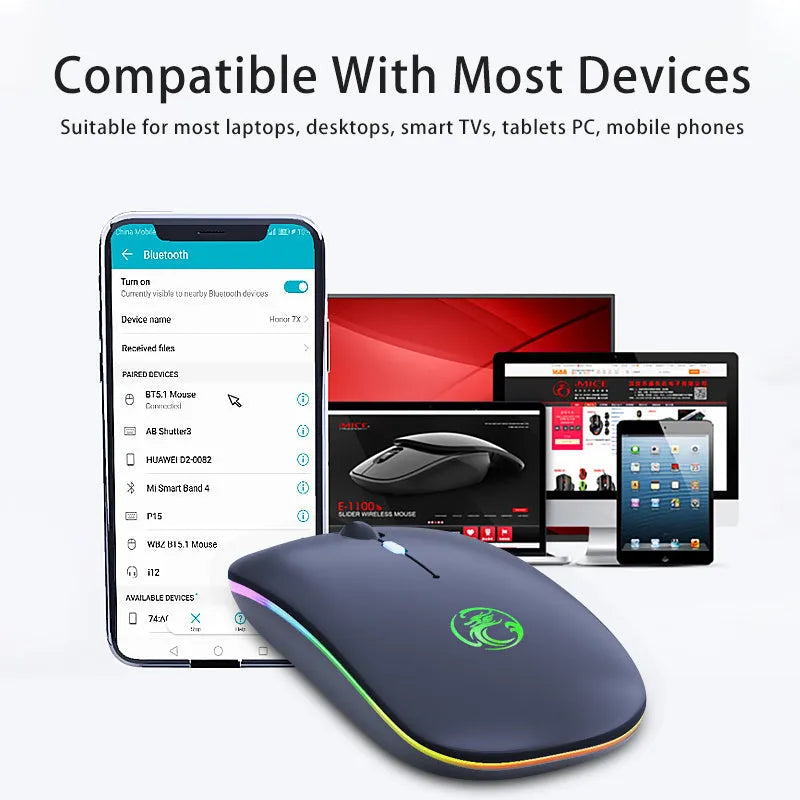Black or white dual-mode wireless silent mouse with rechargeable battery and charging cable.