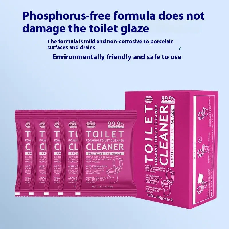 Box and sachets of effervescent toilet bubble powder cleaner in blue and pink variants.