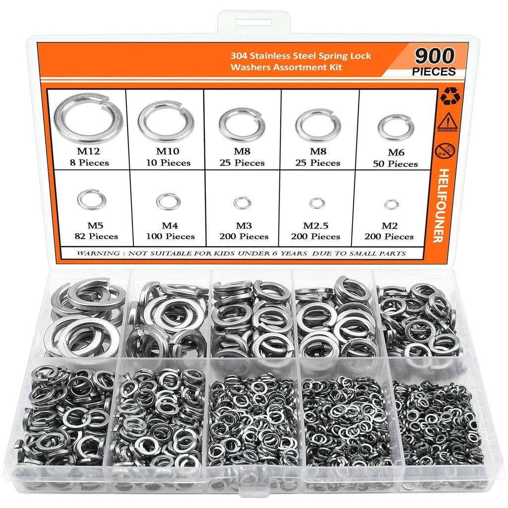 304 stainless steel spring lock washer combination box containing 900 pieces with sizes ranging from 2mm to 12mm