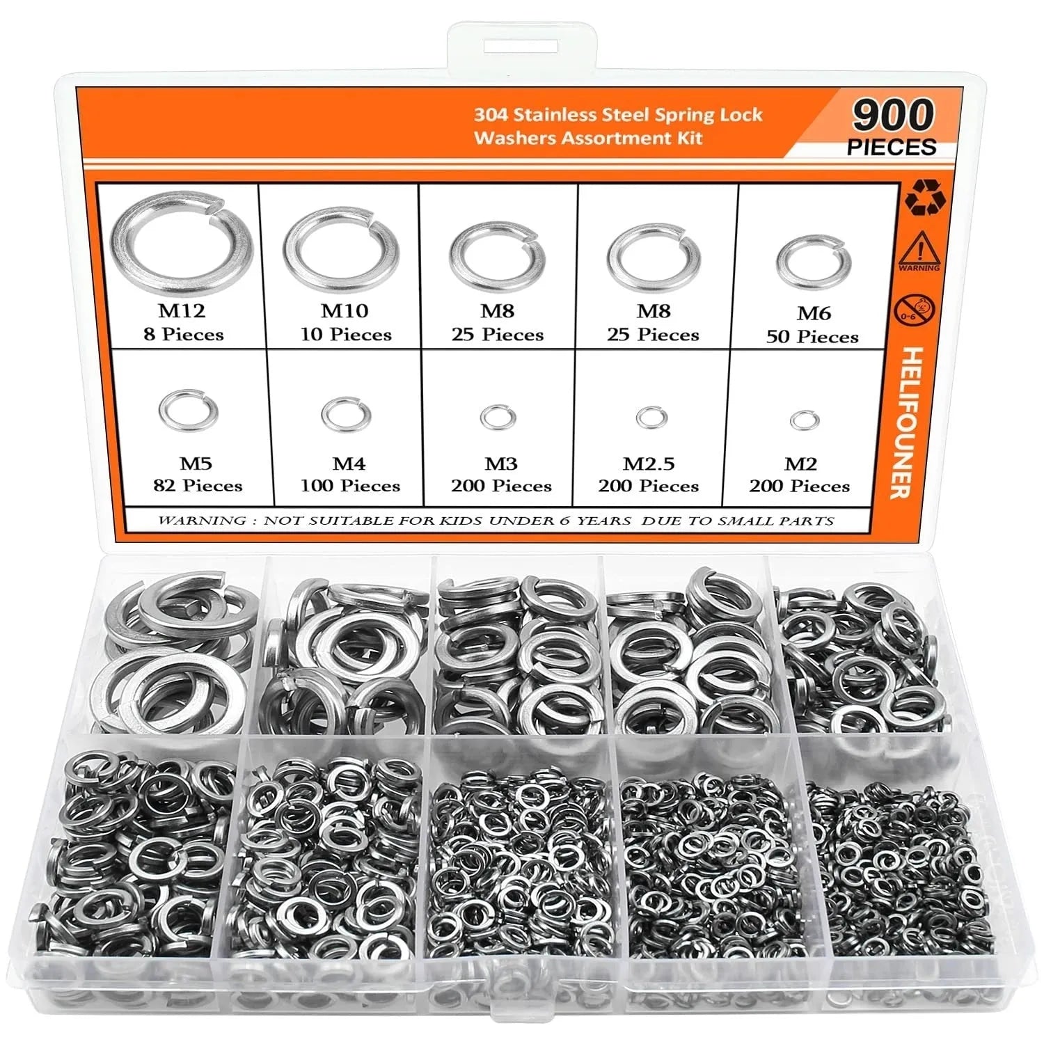 304 stainless steel spring lock washer combination box containing 900 pieces with sizes ranging from 2mm to 12mm