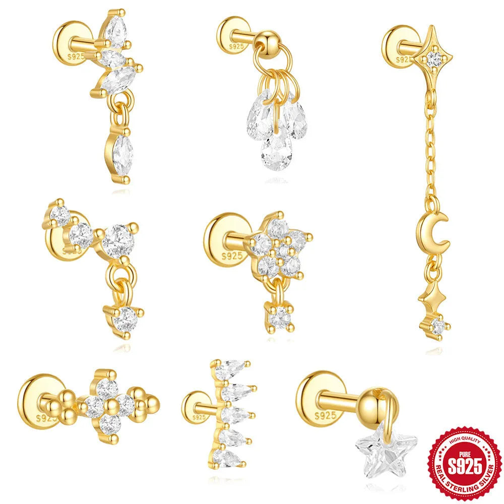 S925 sterling silver geometric moon and star earrings with diamond accents in gold tone.
