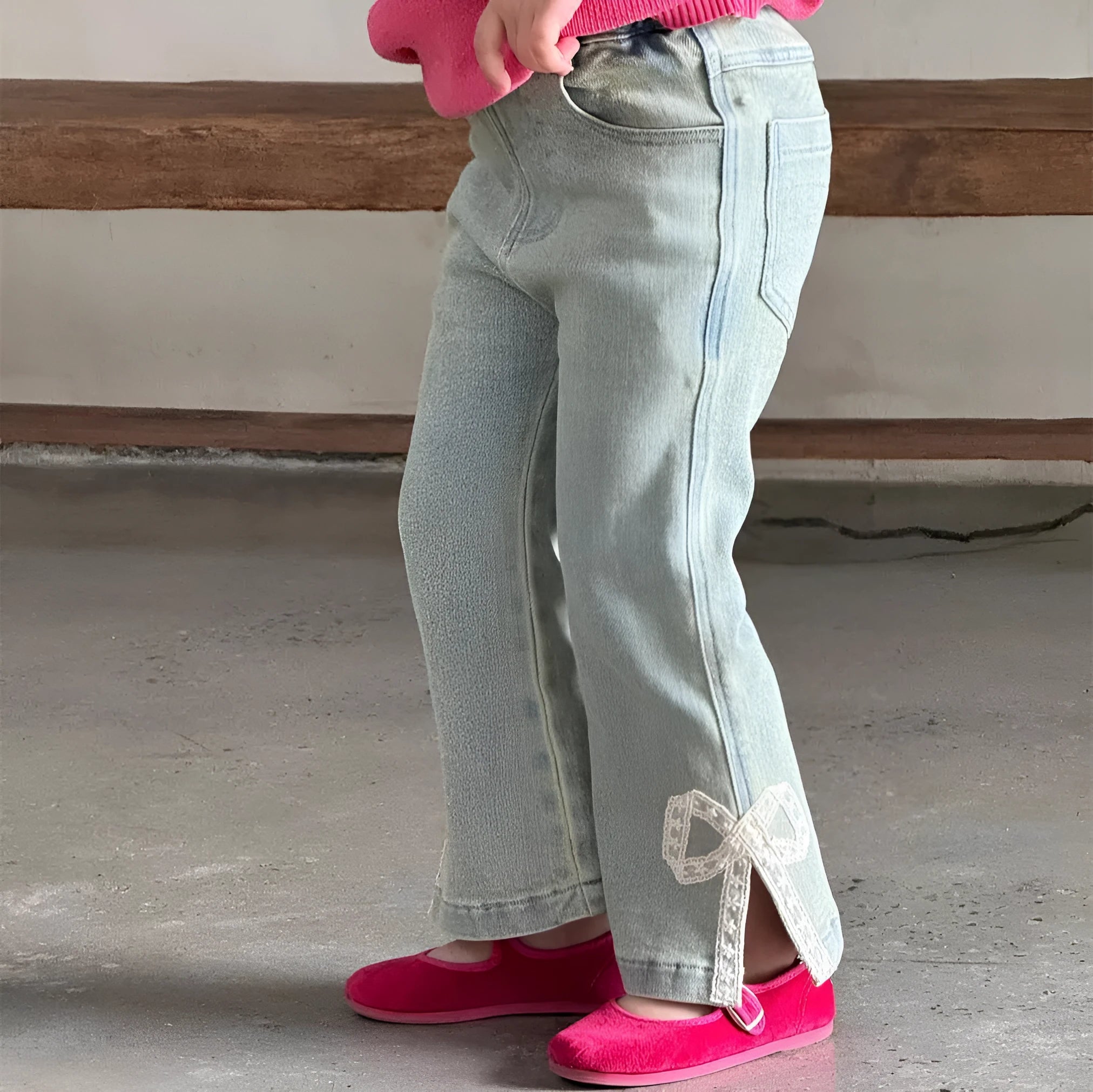 Girls vintage lace bow bell-bottom denim pants in picture colour with hair band belt fly