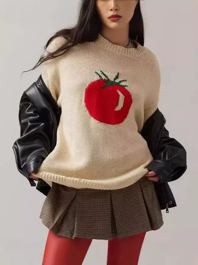 Women's milky white loose-fitting acrylic pullover sweater with round neck and Jacquard knit texture