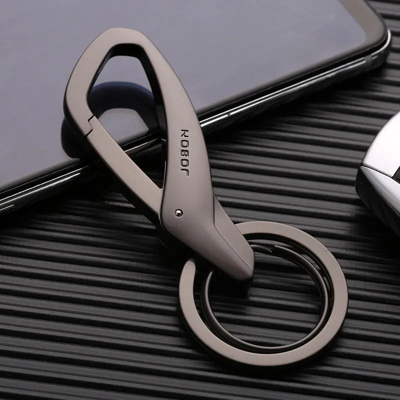 Zinc alloy double ring key chain for car keys in black, chrome, or nickel finishes.