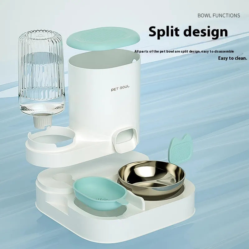 Automatic cat water fountain with two integrated stainless steel food bowls in avocado green colour.