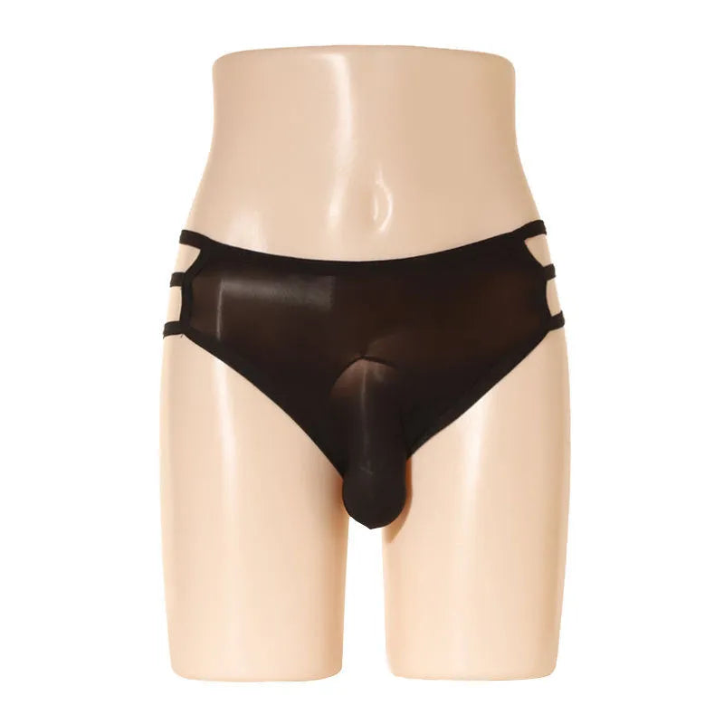 Men's transparent nylon elephant nose shorts on a mid waist in a solid colour.