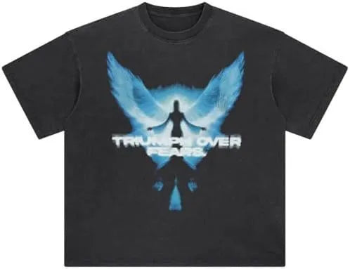 Men's washed black pure cotton t-shirt with cartoon print and short sleeves