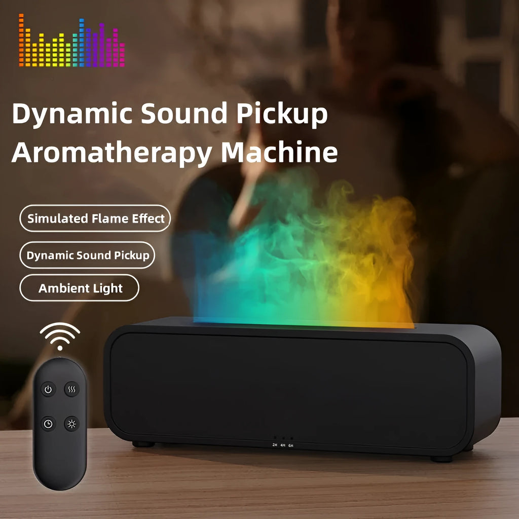 Black and white flame dynamic aroma diffuser with remote control on a wooden table