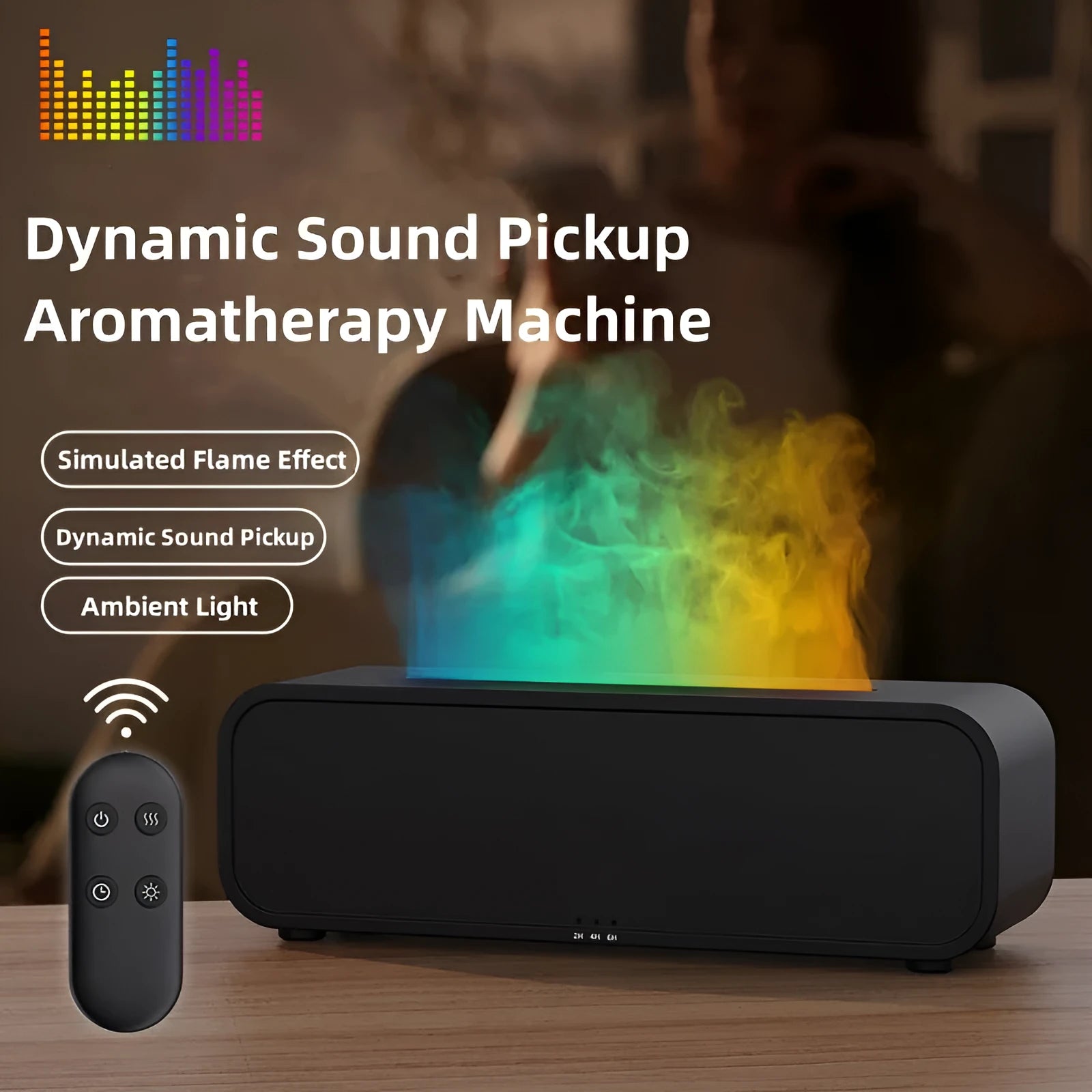 Black and white flame dynamic aroma diffuser with remote control on a wooden table