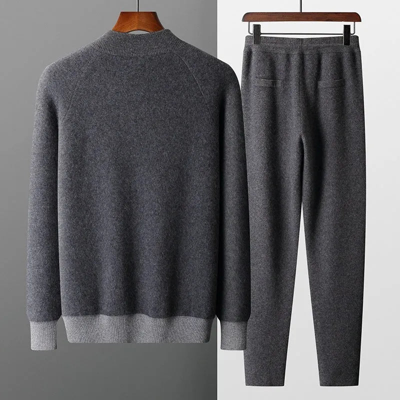 Men's camel cashmere blend half turtleneck zip cardigan and matching trousers sports suit