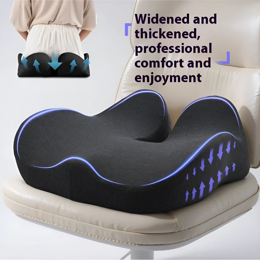 Light grey memory foam office chair cushion on a black desk chair.