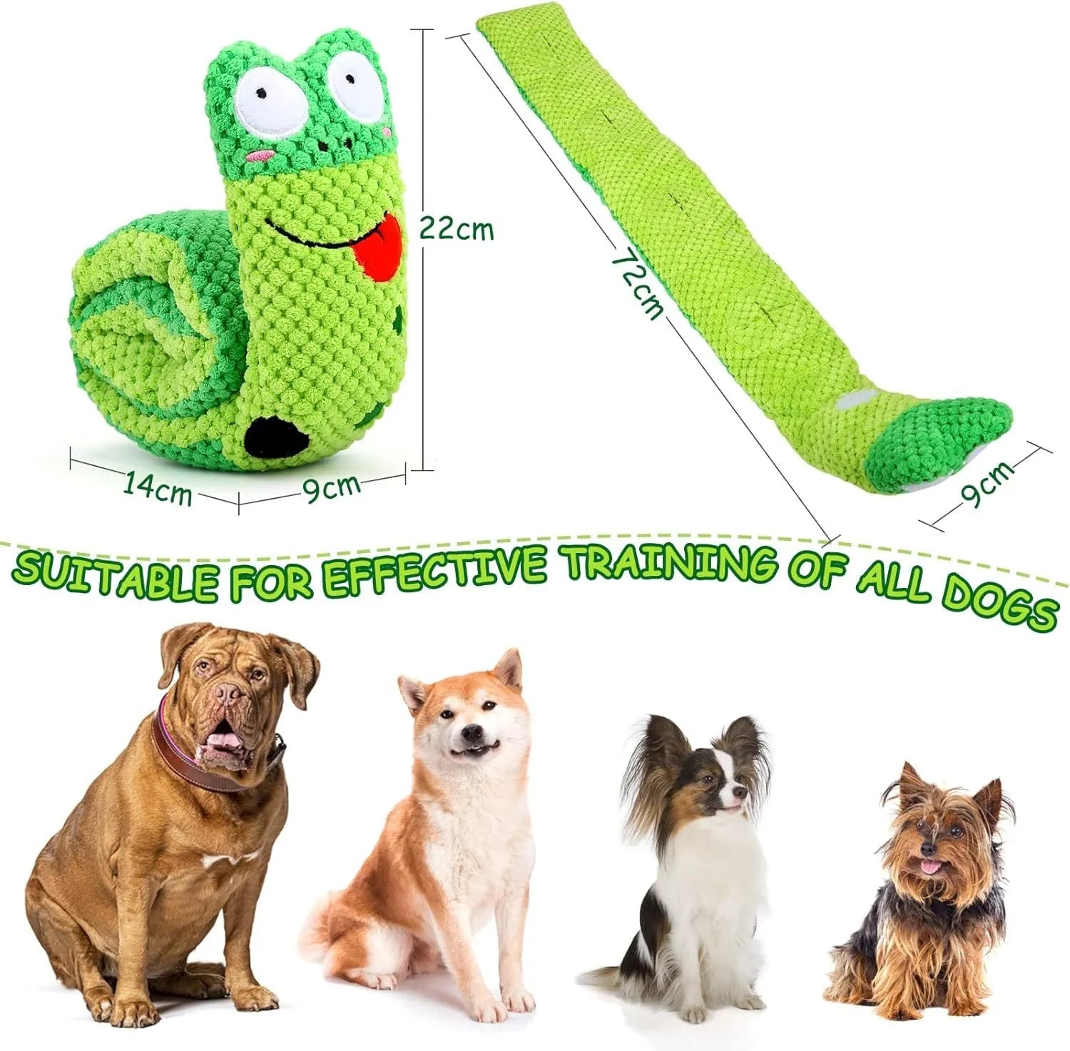 Reversible squeak dog snuffle toy in snail shape with hidden food holes, made of thick green velvet.