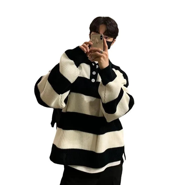 Men's loose striped sweater coat in black and grey colours with pullover design
