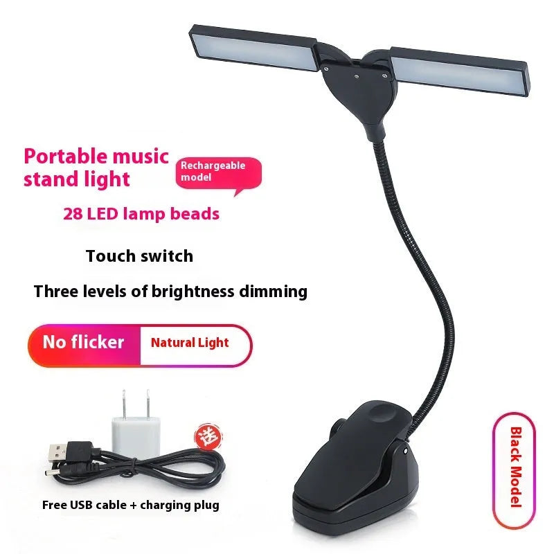 Black rechargeable music stand lamp with 28 LEDs on a metal music stand.