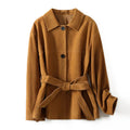 Yellow brown retro cashmere coat with a Peter Pan collar and a matching belt.
