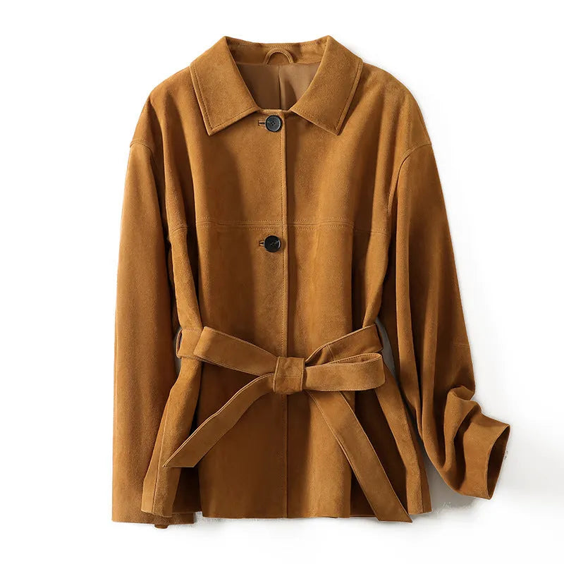 Yellow brown retro cashmere coat with a Peter Pan collar and a matching belt.